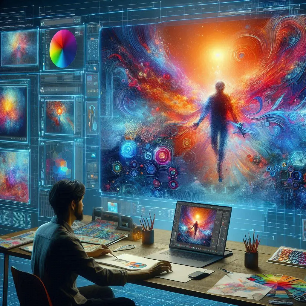 An artist using AI tools to create digital artwork, with a vibrant painting on the screen and NFTs displayed on a marketplace.