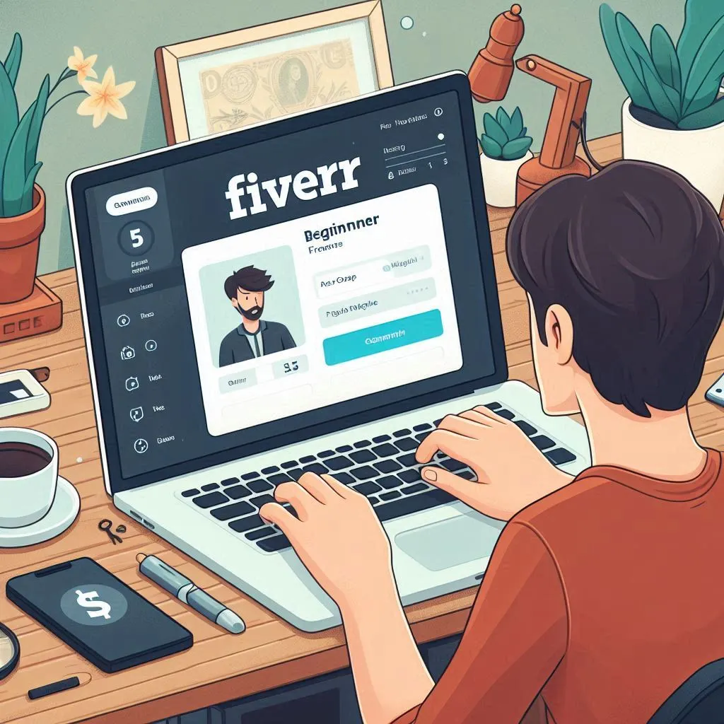 Beginner freelancer setting up a profile on Fiverr, with a laptop displaying the platform’s dashboard.