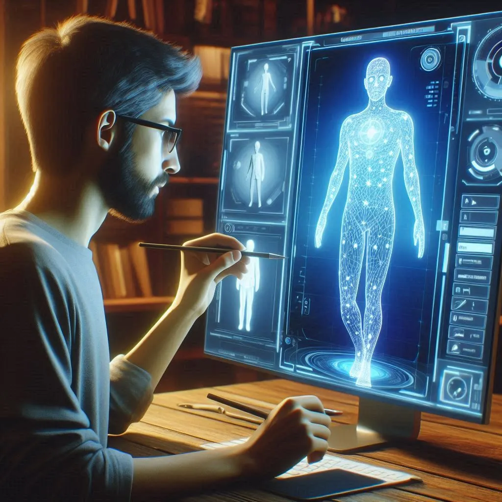 A digital avatar designer creating a 3D character for the metaverse, with a glowing computer screen showing a virtual marketplace.