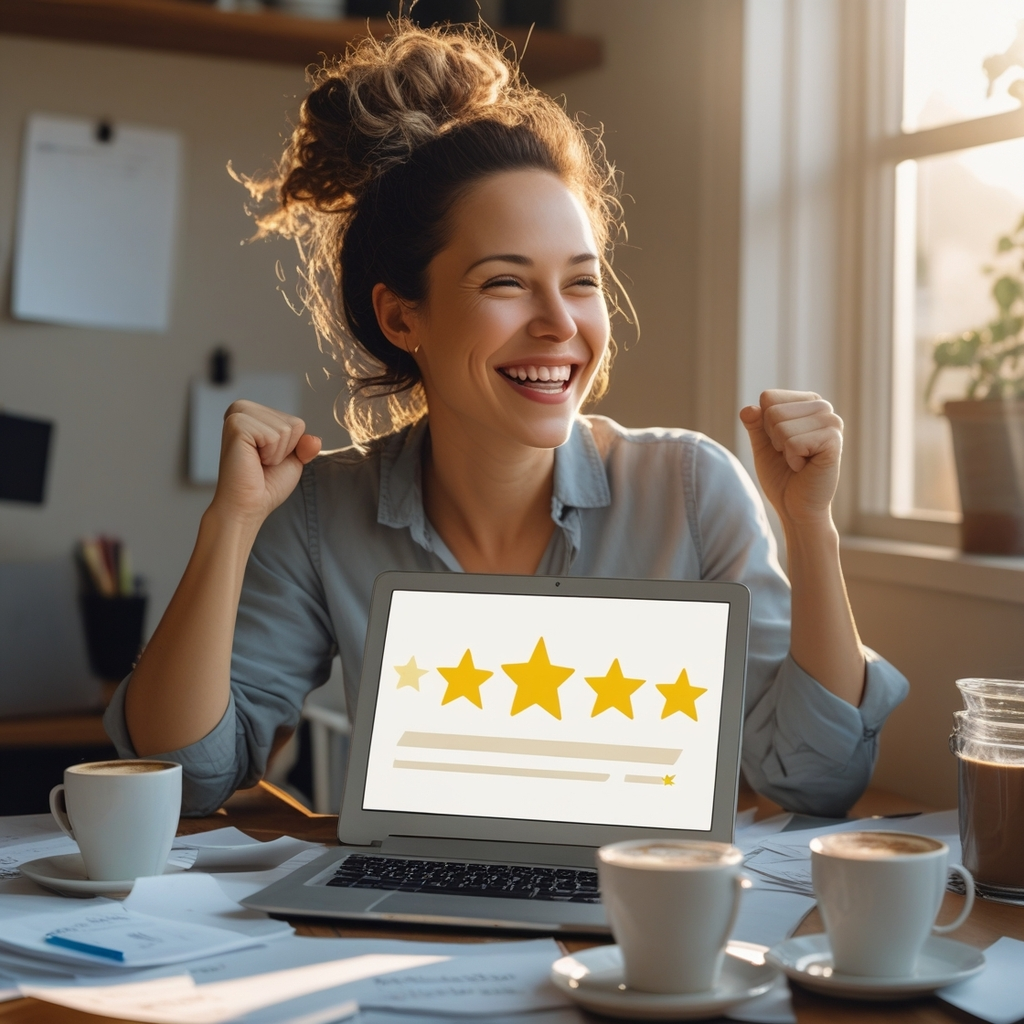 Freelancer celebrating positive client feedback, with a laptop displaying a 5-star review.