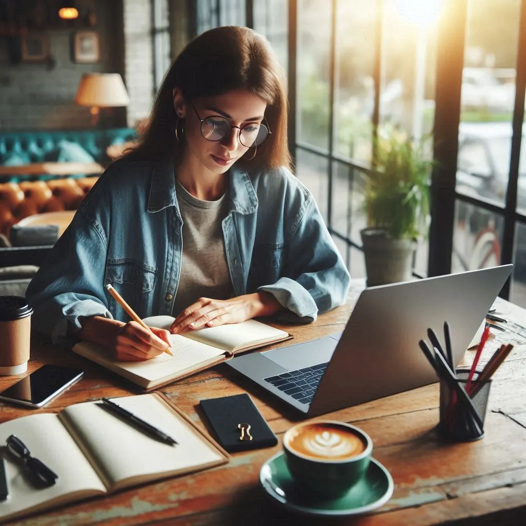 Freelancer working on a laptop at a coffee shop, surrounded by a notebook and coffee cup.