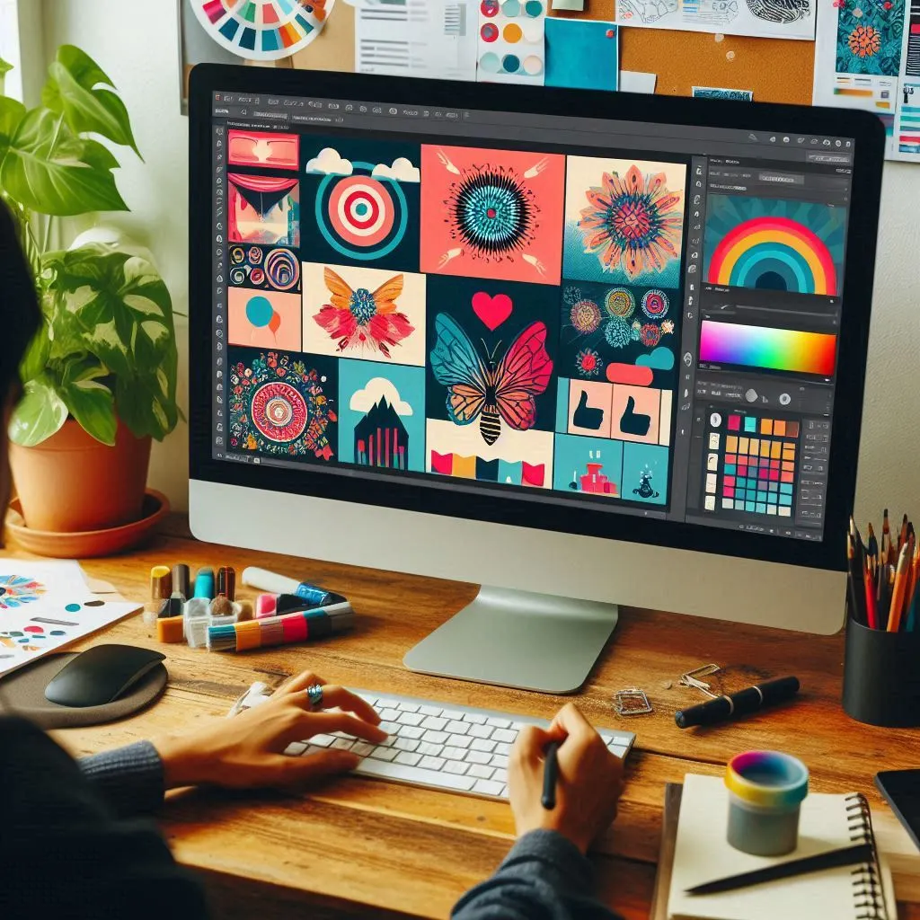 Graphic designer creating social media graphics using Canva, with vibrant designs on the laptop screen.