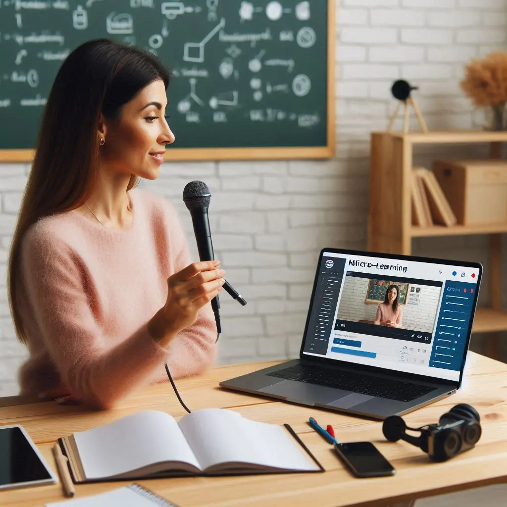 A teacher recording a short video lesson for a micro-learning course, with a whiteboard and laptop displaying Teachable.