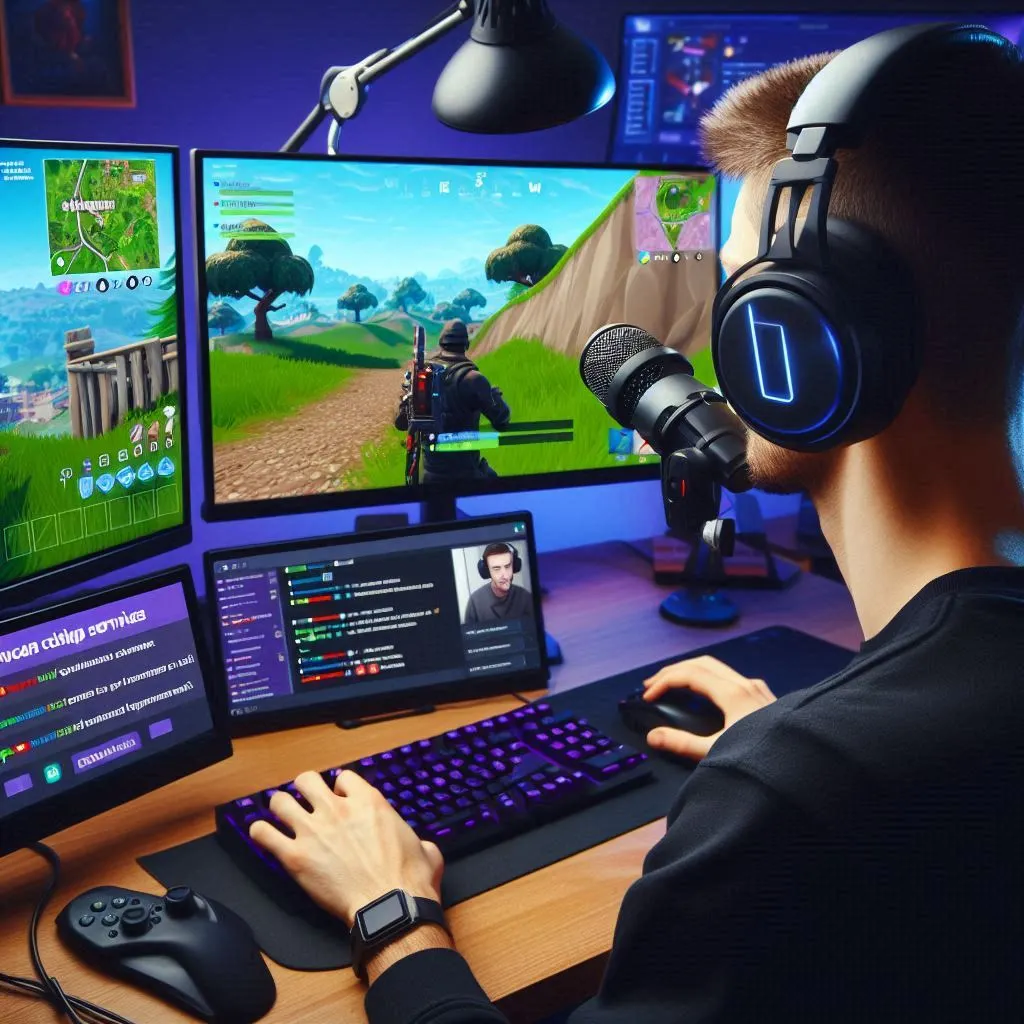 A professional gamer streaming a live gaming session on Twitch, with a headset and dual monitors displaying Fortnite gameplay.