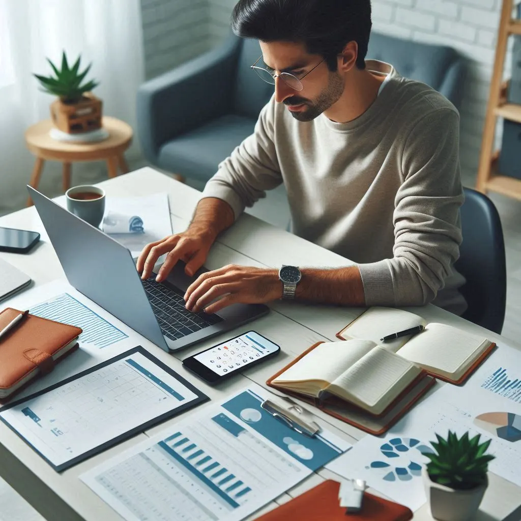 Virtual assistant managing emails and calendars on a laptop, with a smartphone and planner on the desk.