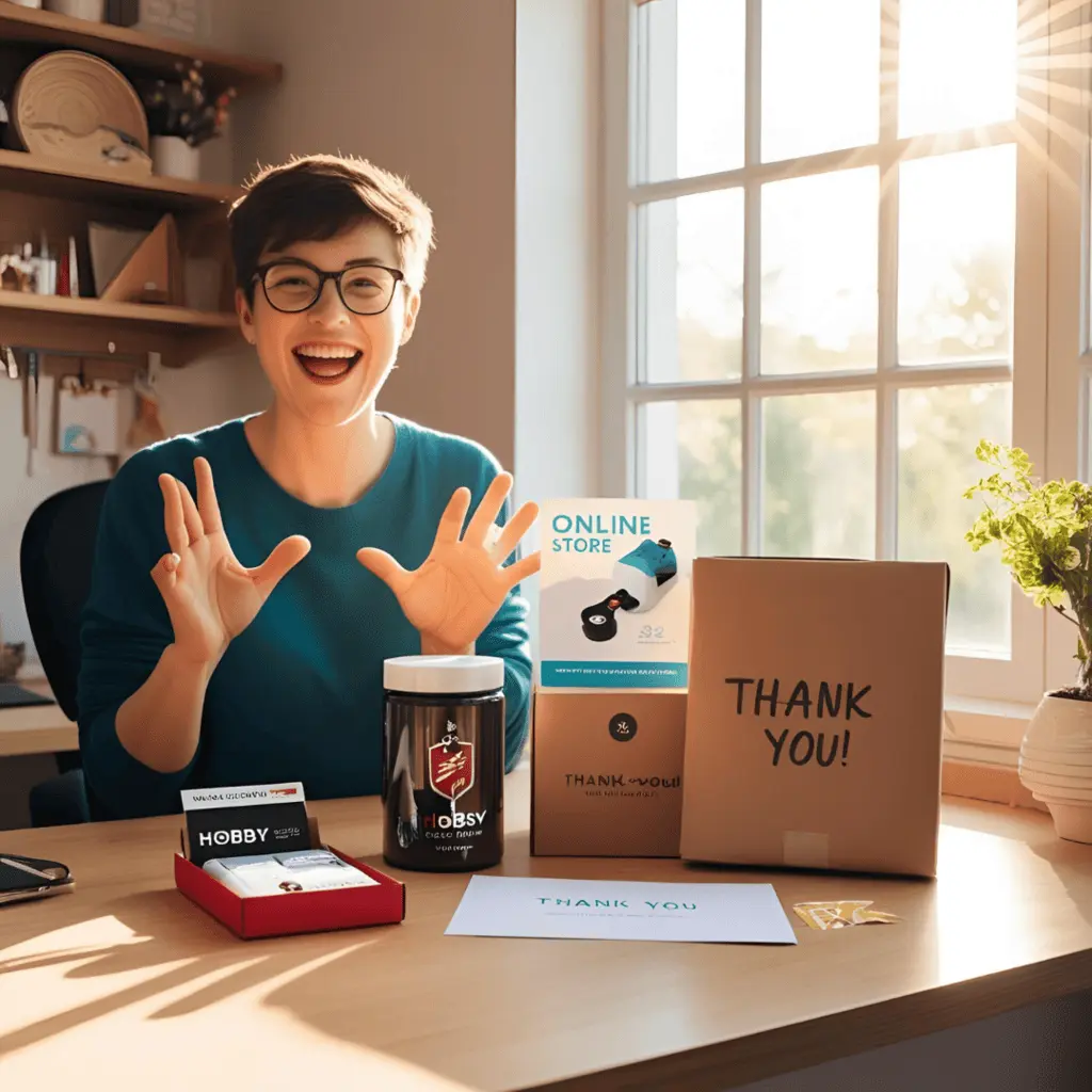 A happy customer holding a product they purchased from an online hobby-based business, with a package and thank-you note nearby