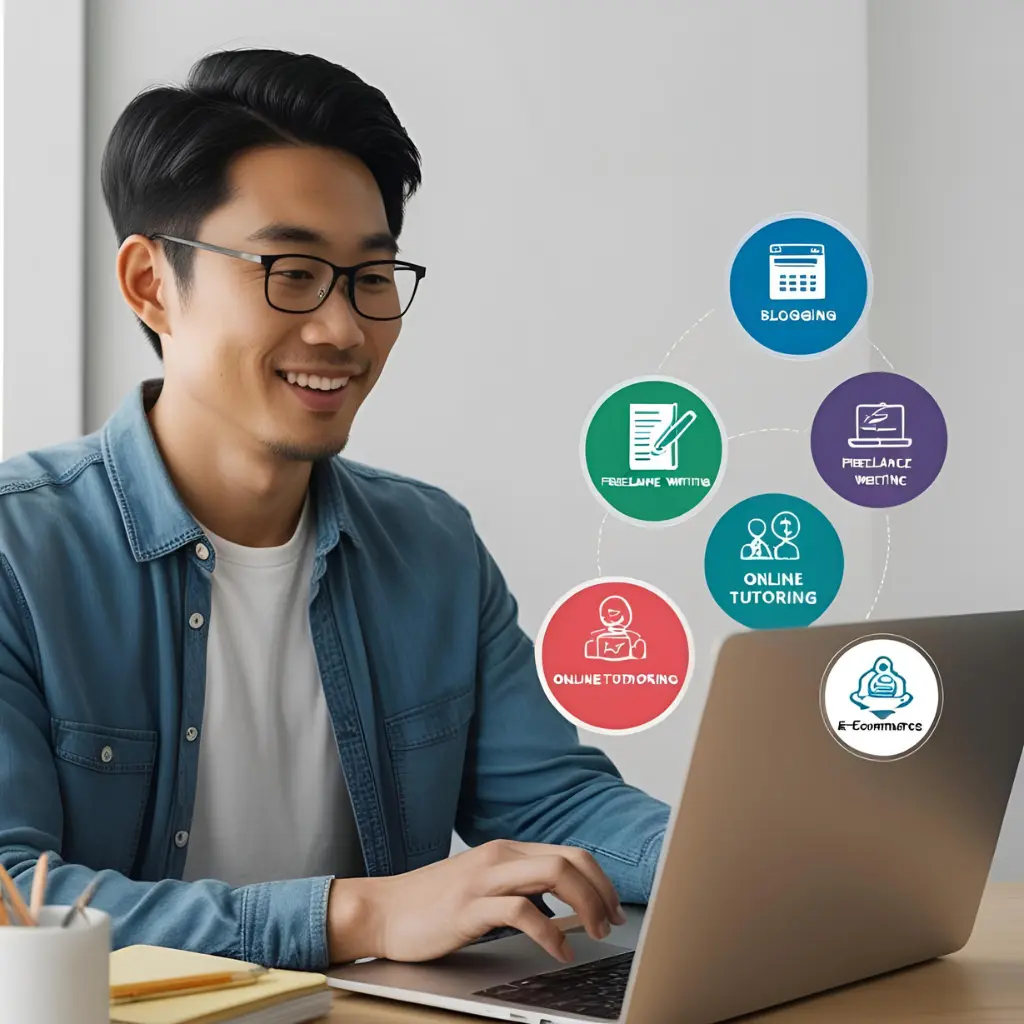 Person browsing online side hustle opportunities on a laptop, with icons representing blogging, freelance writing, online tutoring, and e-commerce.