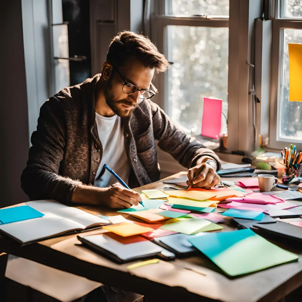 Blogger brainstorming content ideas, with a notebook and pen on a table