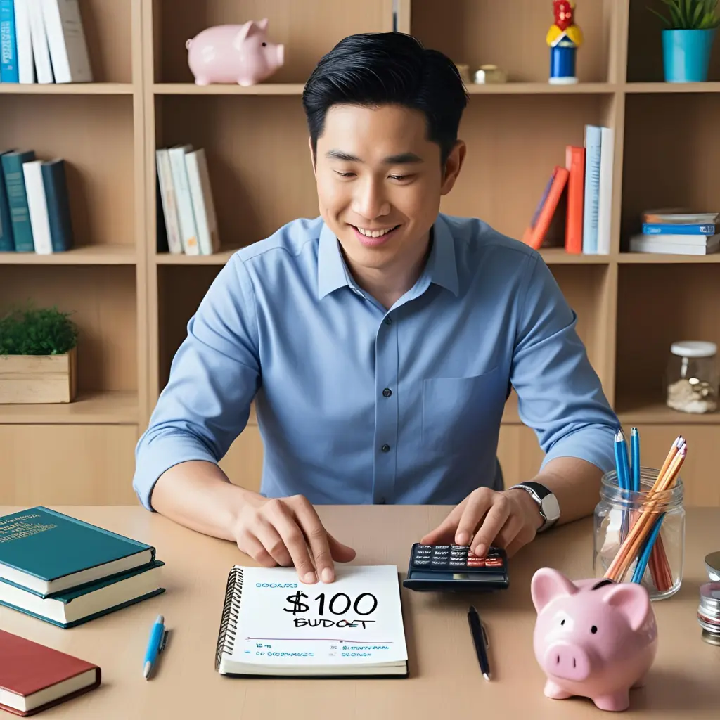 Person sitting at a table with a notepad and calculator, breaking down a $100 budget, surrounded by items like books, a piggy bank, and small business supplies.