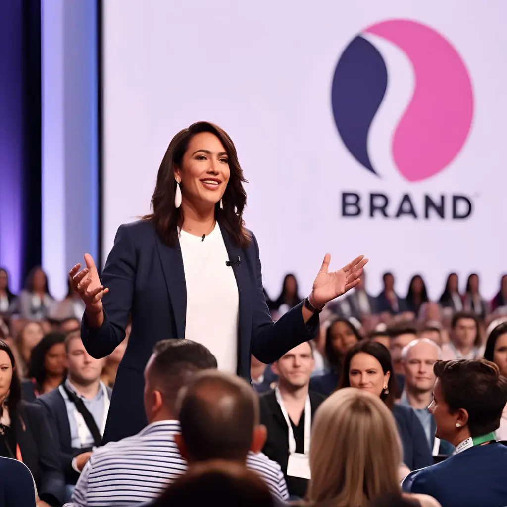 Influencer speaking at a conference with a large audience