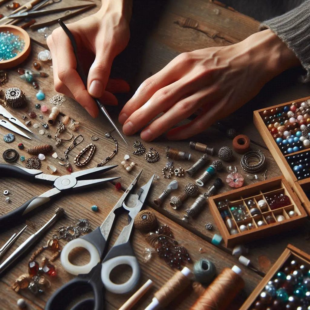 Close-up of hands creating handmade jewelry, with beads and tools on a table