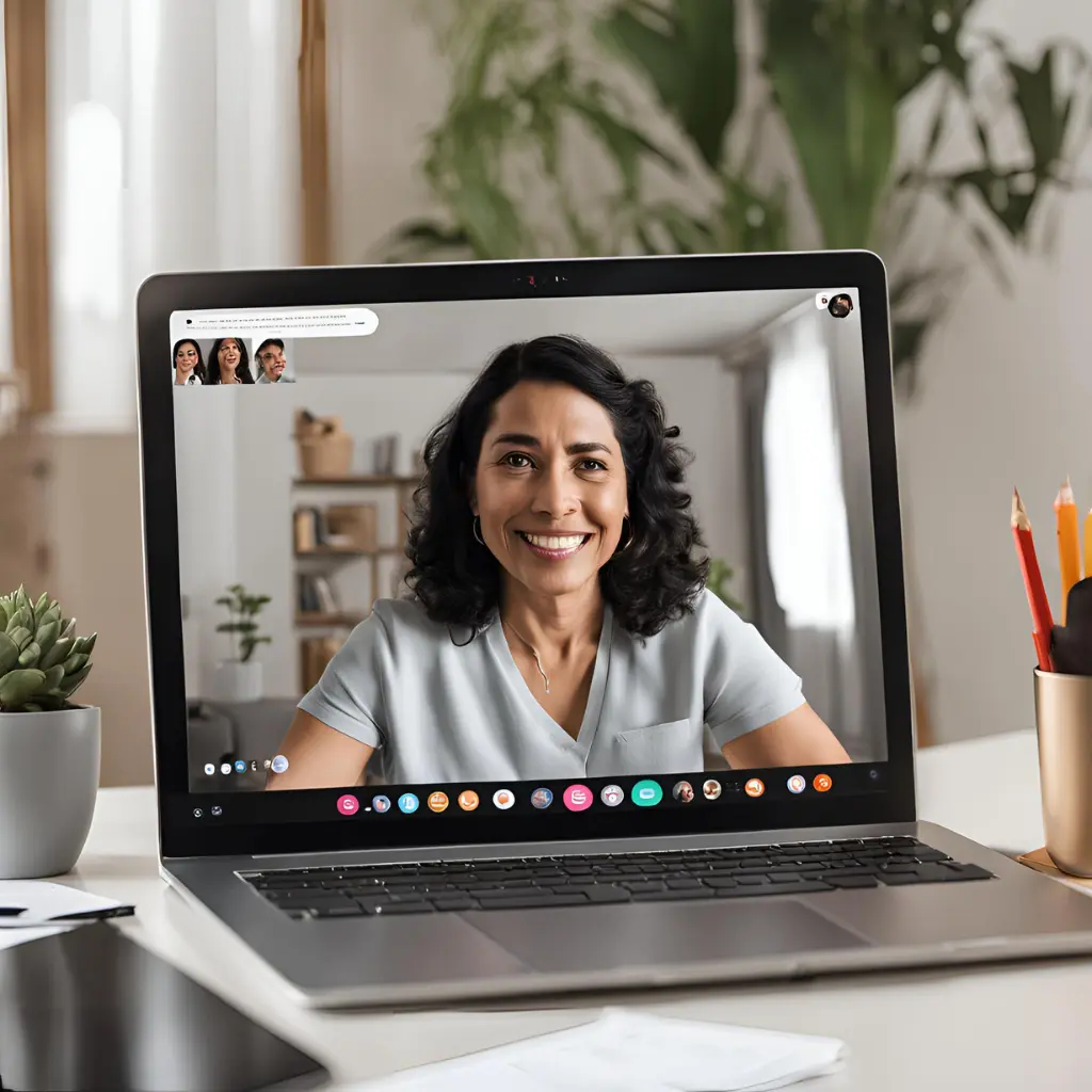 Coach conducting an online session, with a laptop showing a video call and notes