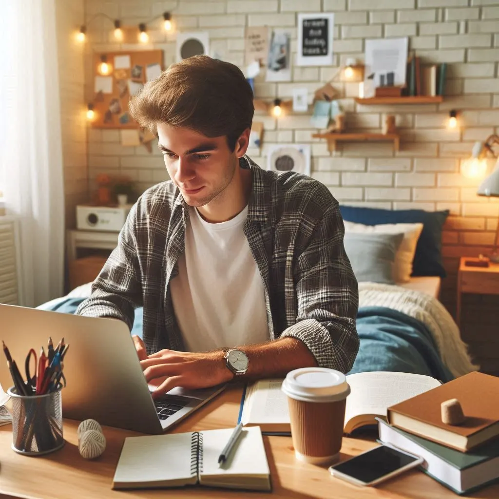 College student working on a laptop in a dorm room, with textbooks and coffee nearby