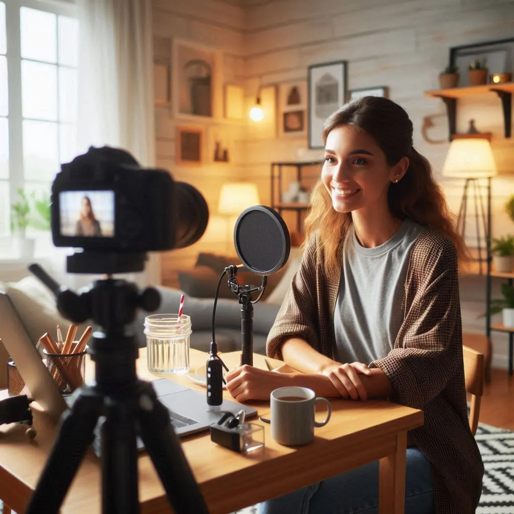 Content creator filming a YouTube video, with a camera and microphone setup.