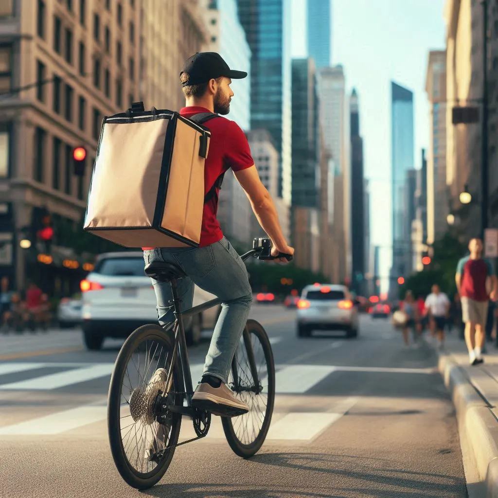 Delivery driver on a bike, carrying a food delivery bag in a city