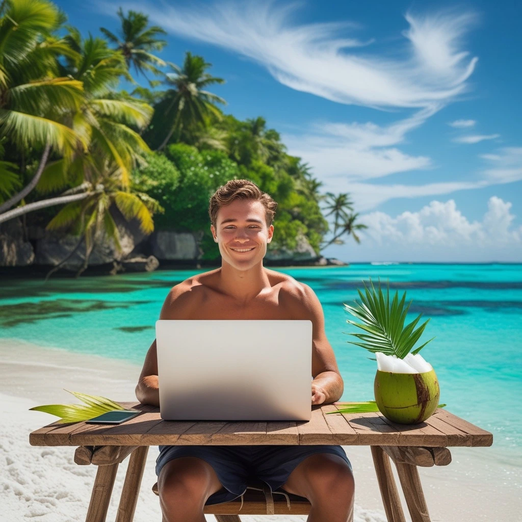 Digital nomad working on a laptop at a beachside location, with a tropical backdrop