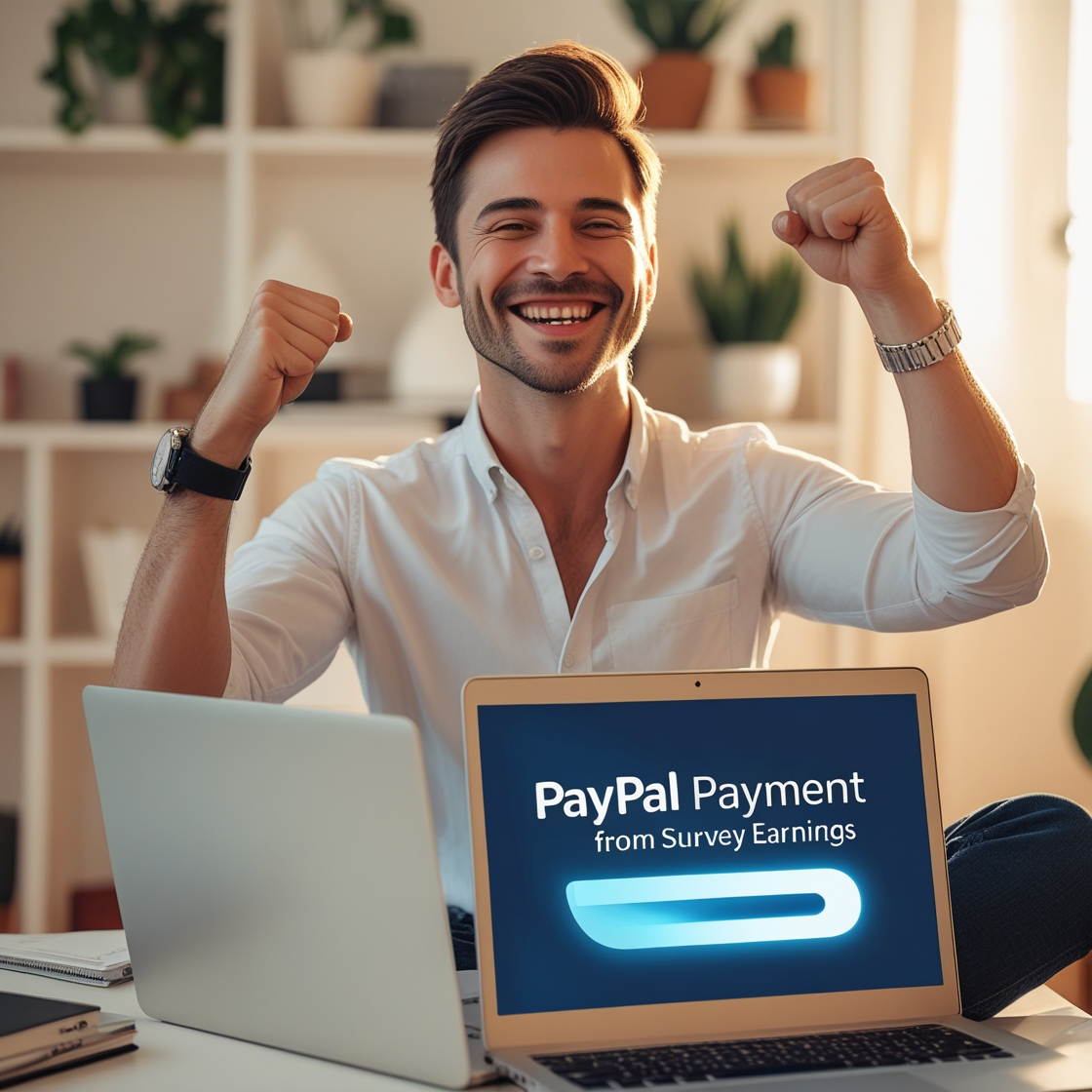 Freelancer celebrating PayPal payment from survey earnings, with a laptop showing payment confirmation