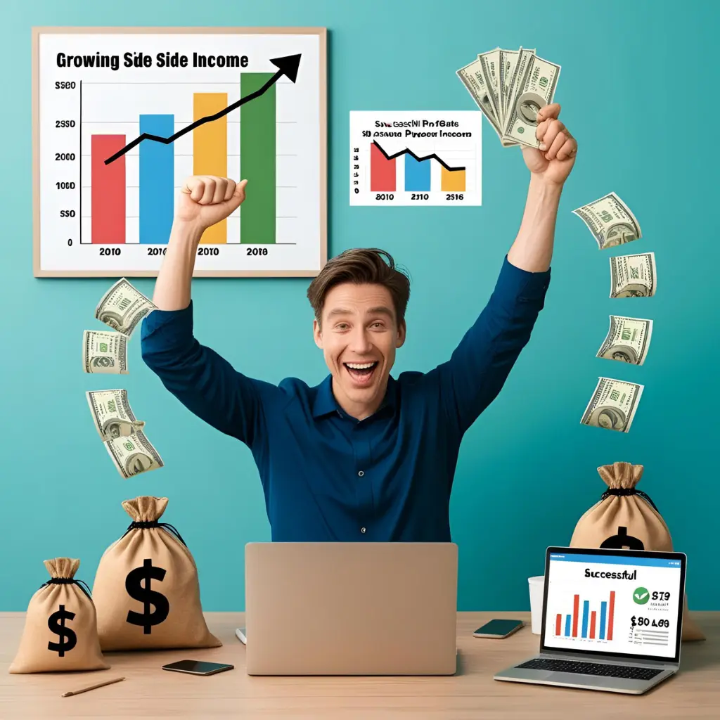 Person celebrating their growing side income with charts showing increasing profits, money bags, and a laptop displaying successful results.