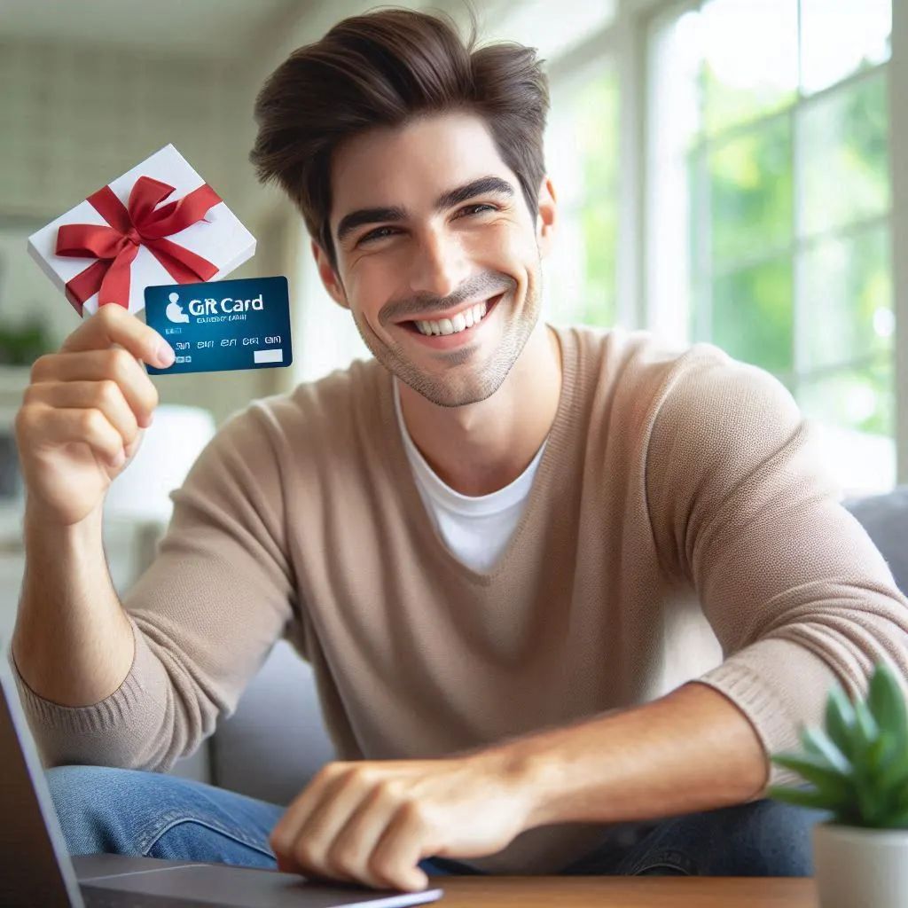 Happy person holding a gift card earned from online surveys, with a laptop in the background