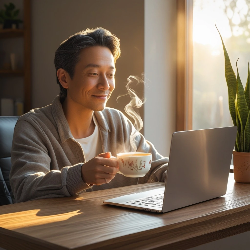 Person browsing remote job listings on a laptop, with tea and a plant on the desk