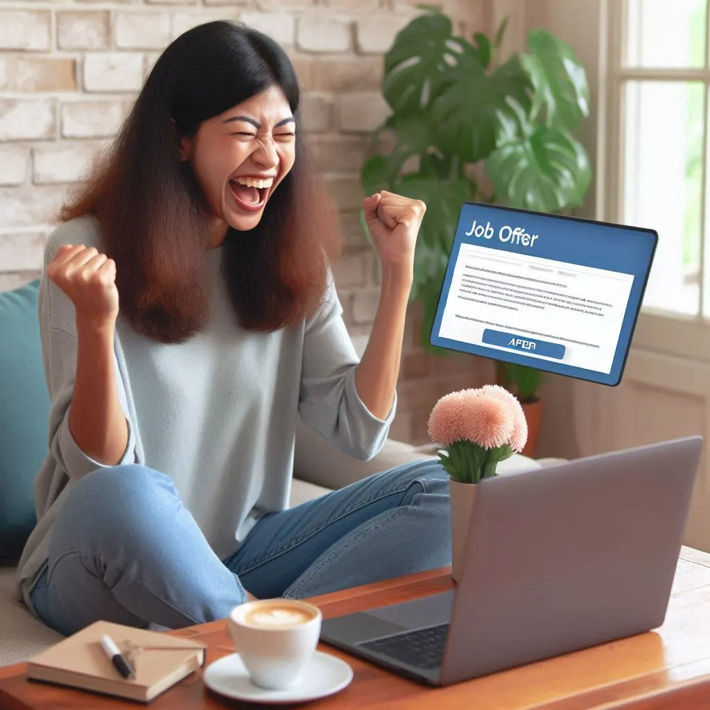 Person celebrating a remote job offer, with a laptop showing the confirmation email.