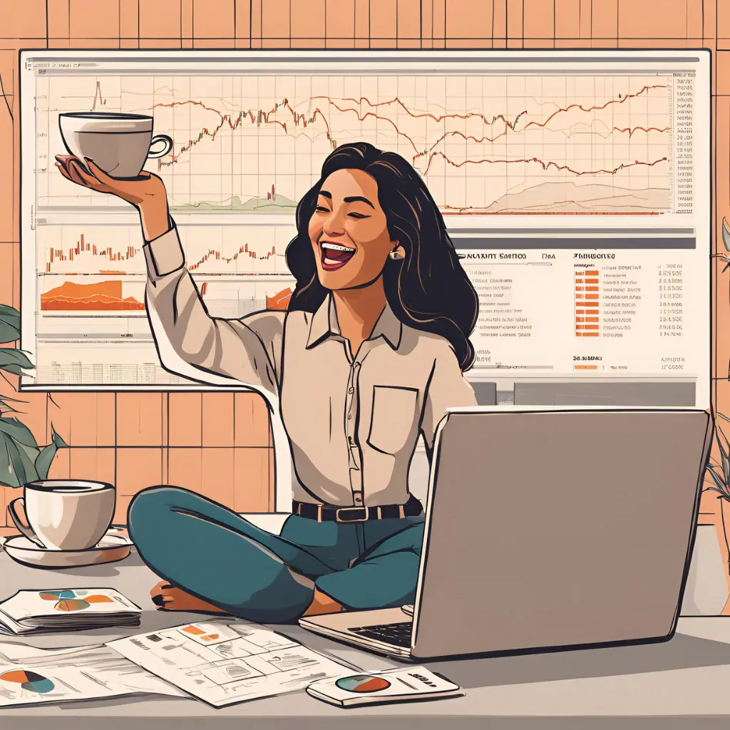 Person celebrating a successful investment, with a laptop showing stock market charts and coffee