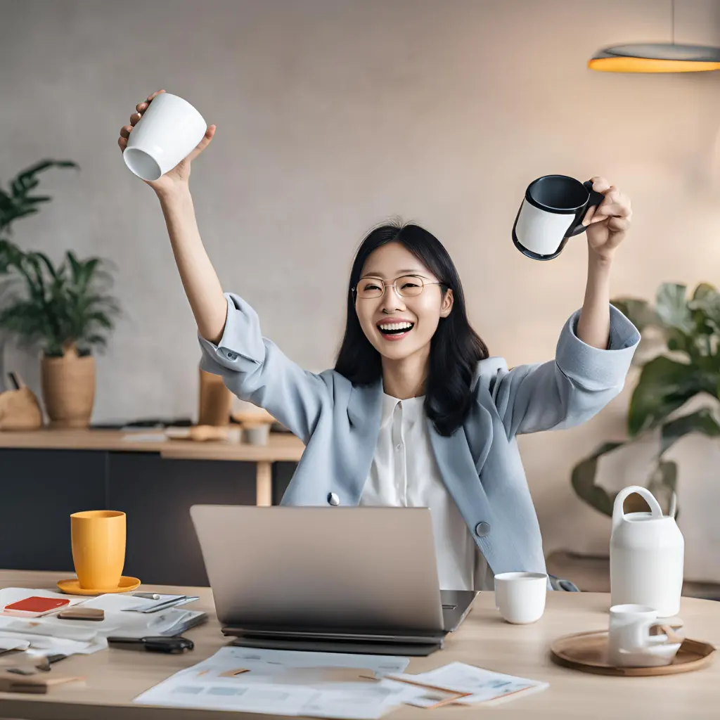 Person celebrating a successful product launch, with a laptop showing sales metrics and coffee