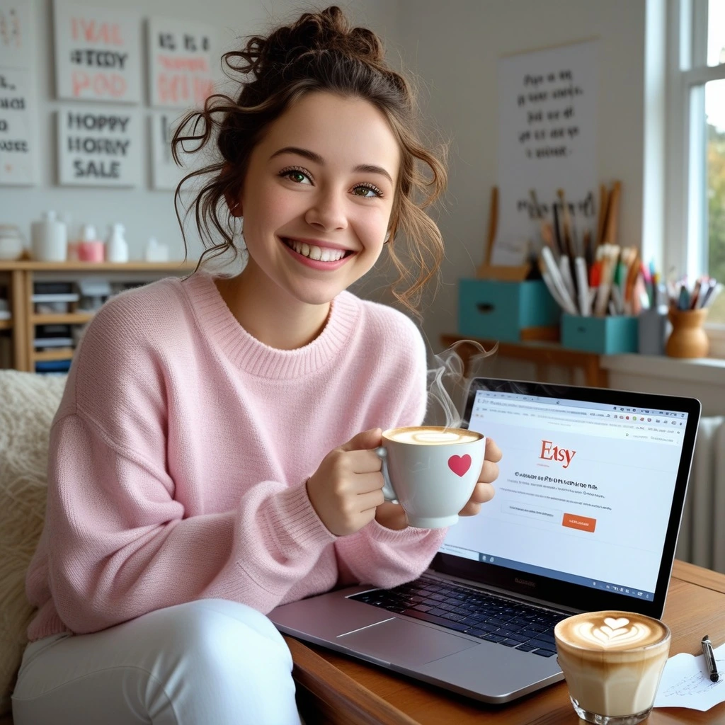 Person celebrating their first Etsy sale, with a laptop showing the confirmation and coffee nearby