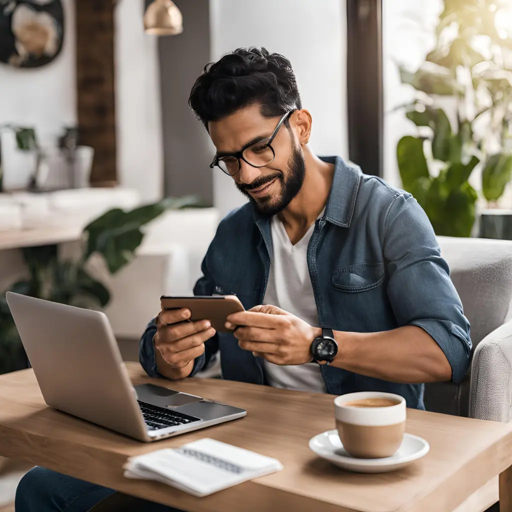 Person checking passive income earnings on a smartphone, with a laptop and coffee nearby