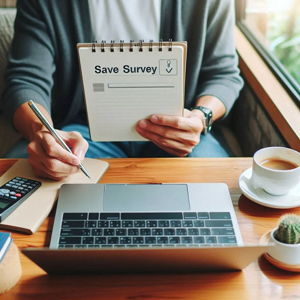 Person completing an online survey on a laptop, with coffee and notebook nearby.