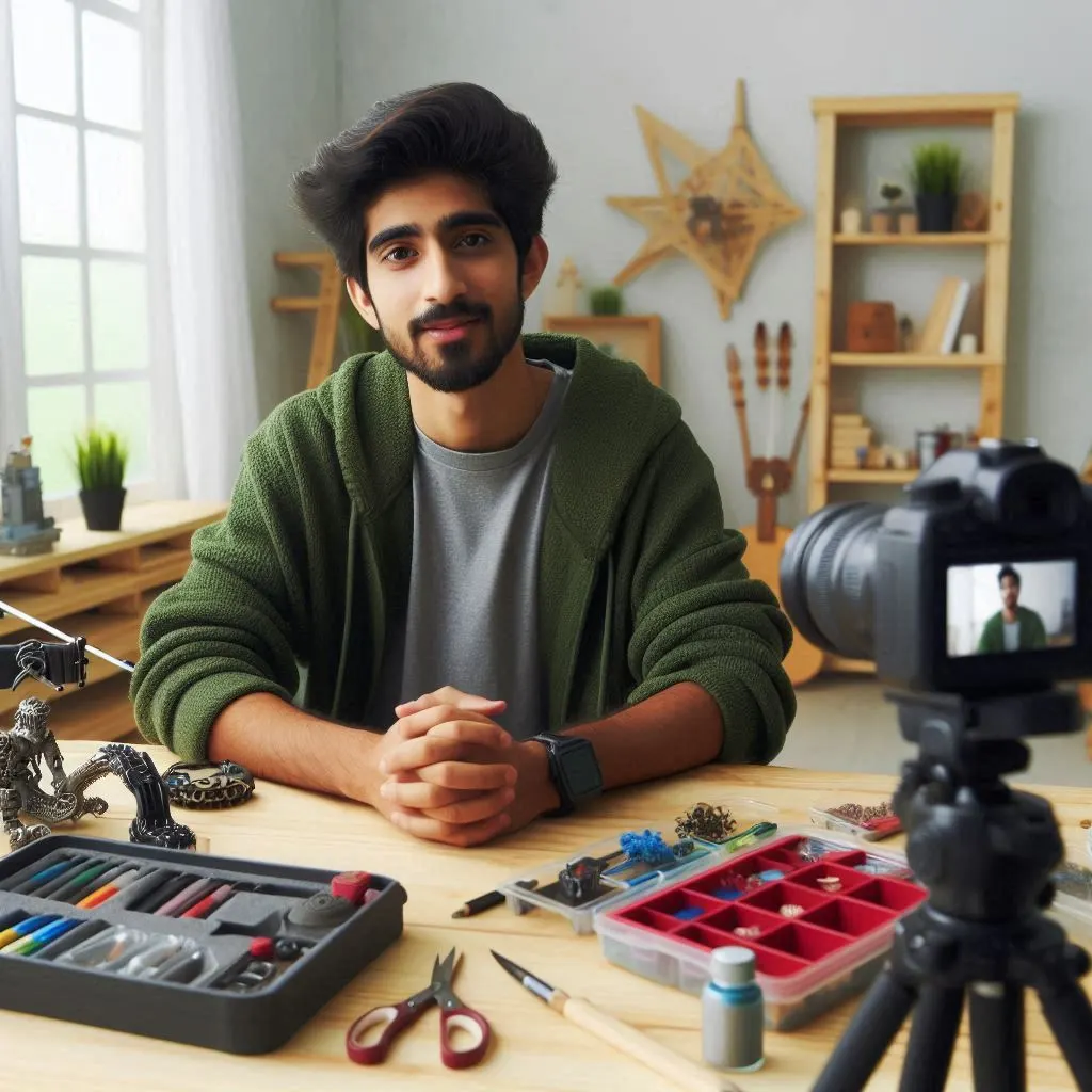 Person filming a YouTube tutorial for their hobby, with a camera and props in the background