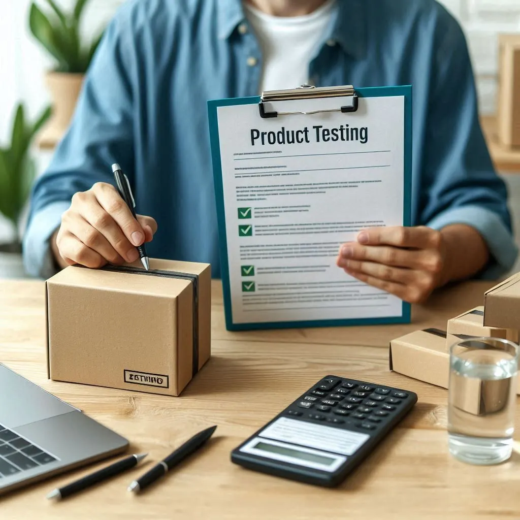 Person participating in a product testing survey, with a package and survey form on the table