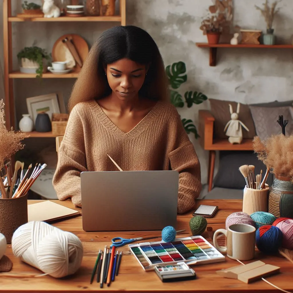 Person working on a laptop at a home office, surrounded by hobby-related items like paintbrushes and yarn