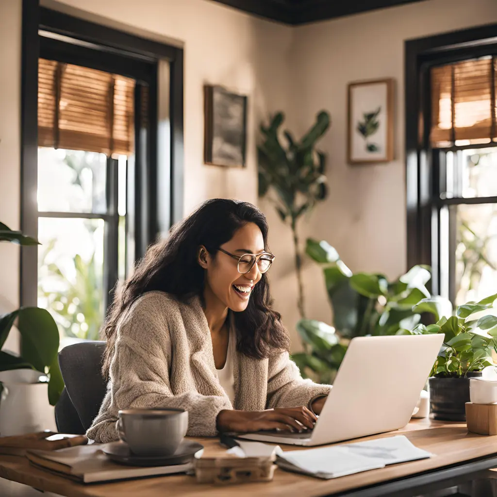 Person working on a laptop in a home office, with a notebook and coffee nearby