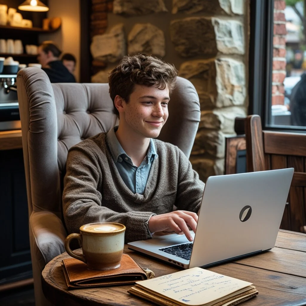 Person working remotely on a laptop in a café, with coffee and notebook nearby.