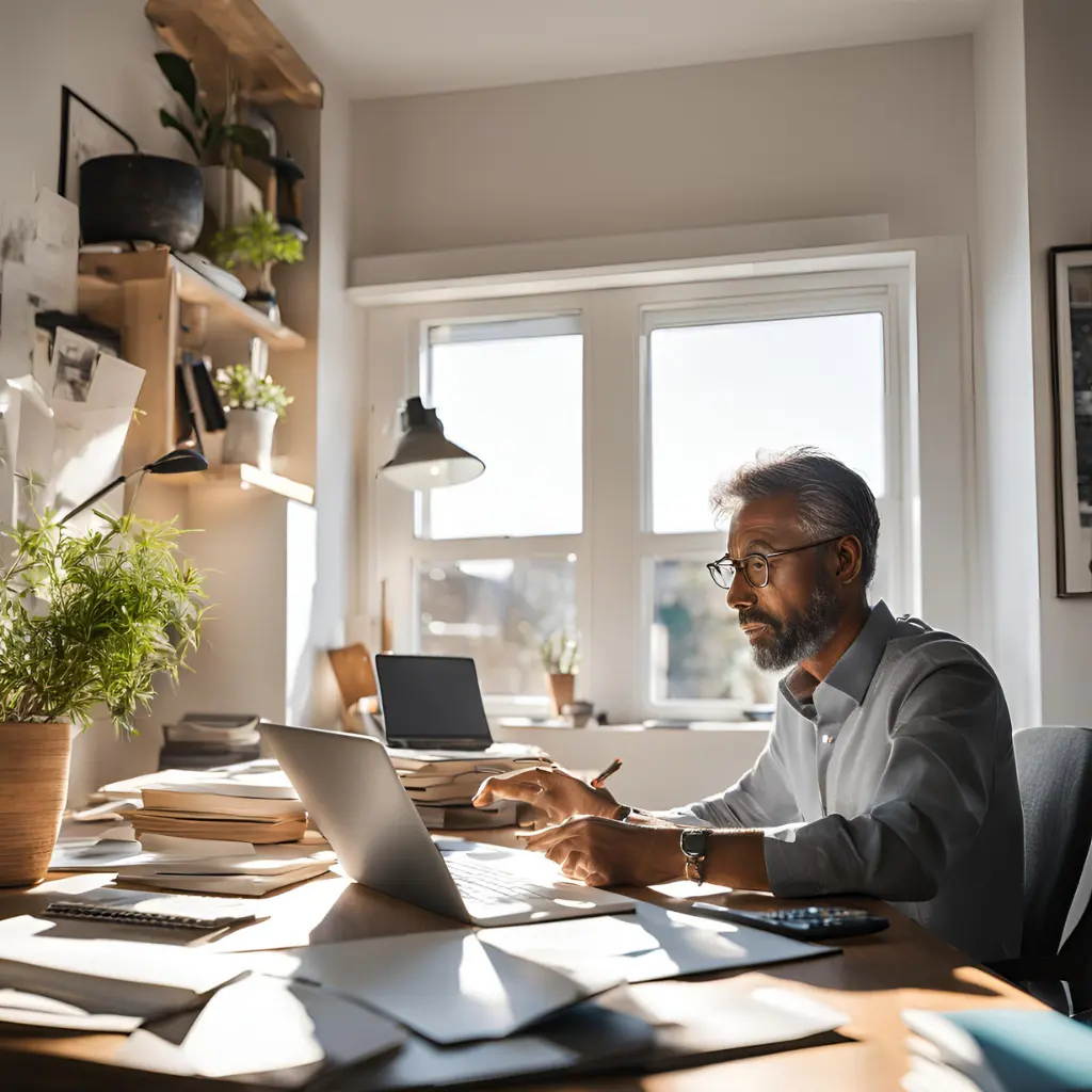 Real estate investor reviewing property listings on a laptop, with a calculator and notebook