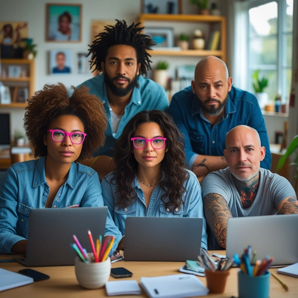 Remote team collaborating on a video call, with laptops and notebooks visible