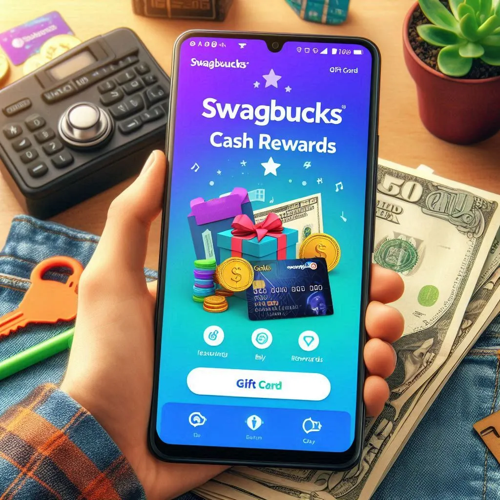 Smartphone showing the Swagbucks app with gift cards and cash rewards