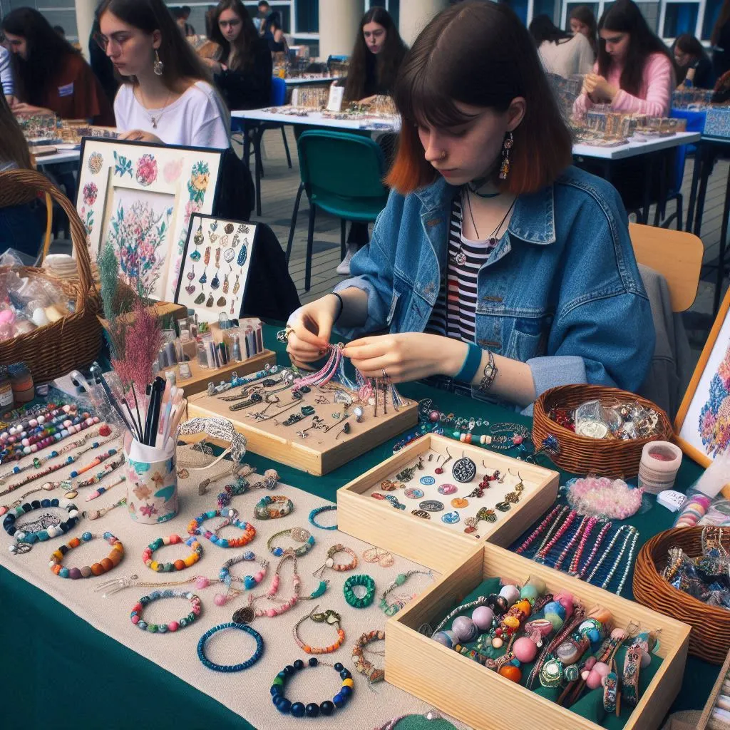 Student selling handmade jewelry at a craft fair, with a table full of products