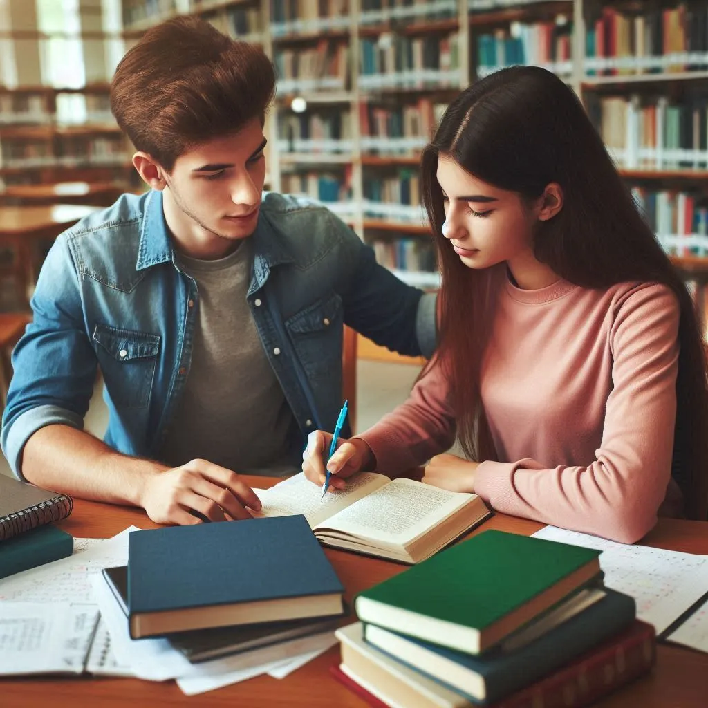 Student tutoring a peer in a library, with books and notebooks on the table