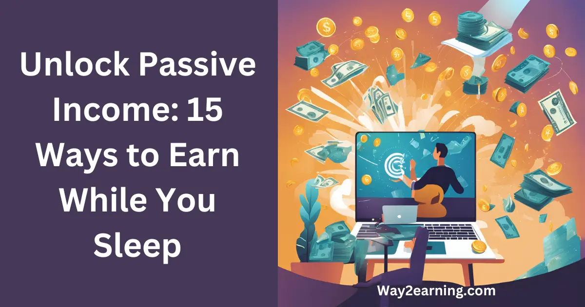 Person earning passive income, surrounded by icons of money, a laptop, and a clock.