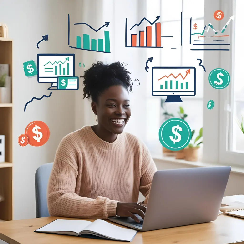 Person happily working on a laptop in a cozy home office, surrounded by symbols of income sources like charts, graphs, and money icons.